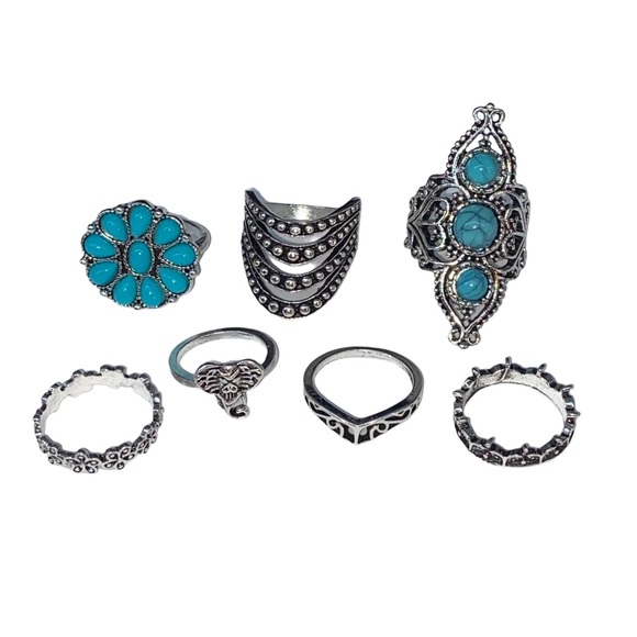 ✨NEW✨ Boho Turquoise Silver Tone Bohemian Ring Set (7pc) - Picture 4 of 4